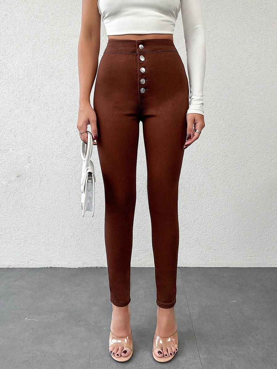 EURMUSE Button-Down Skinny Jeans - Brown - View 1