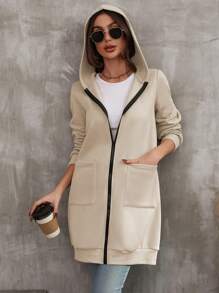 EMERY ROSE Women's Solid Color Zipper Front Hoodie With Double Pockets - Apricot - View 4