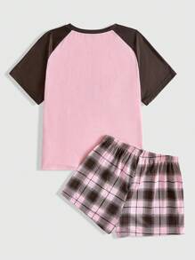 ROMWE Grunge Punk Ladies Pajama Set Raglan Short Sleeve Plaid Shorts Star Offset Print, School - Pink - View 2
