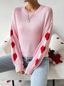 SHEIN LUNE Heart Pattern Drop Shoulder Sweater Top Knit Pullover Fall Winter Sweater - Pink - View 4