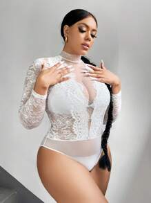 SHEIN SXY Plus Size Polka Dot Mesh Splice Stand Collar Lace Bodysuit - White - View 6