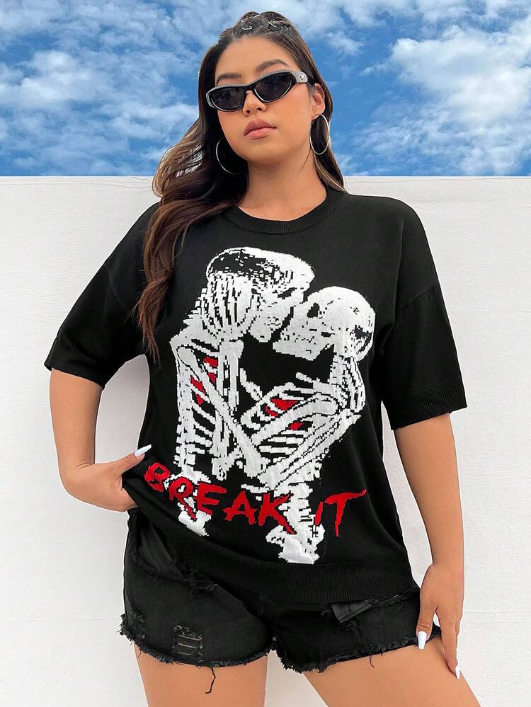 Plus Size Heart Skull Letter Pattern Short Sleeve Knitted T-Shirt - Valentine's Day - Black