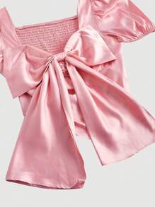 SHEIN MOD 女款純色泡泡袖正面繫帶襯衫 - 香檳色 - 查看 4