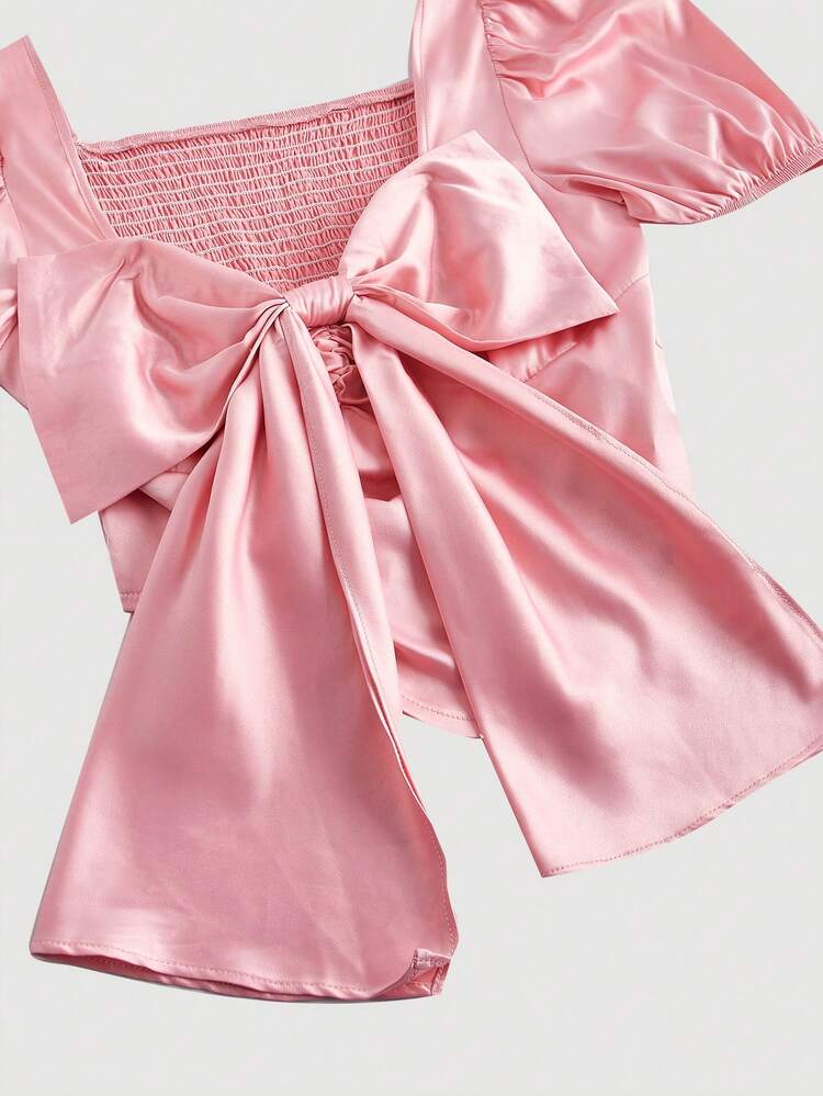 Ladies' Solid Color Puff Sleeve Tie Front Shirt