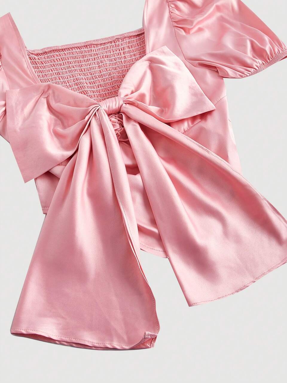 Ladies' Solid Color Puff Sleeve Tie Front Shirt
