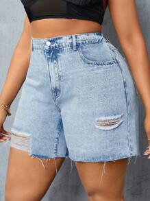 SHEIN SXY Women'S Plus Size Ripped Denim Shorts - Light Wash - View 3