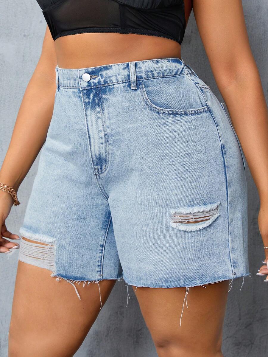 Slaydiva Women'S Plus Size Ripped Denim Shorts - Light Wash - View 1