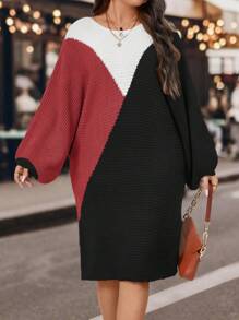 Calvaya Plus Size Women's Contrast Batwing Sleeve Sweater Dress Fall Winter Cloth For Women Autumn - Multicolor - View 7