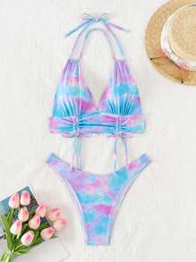 SHEIN Swim Women'S Tie-Dye Halterneck Tankini Swimwear Summer - Multicolor - View 6