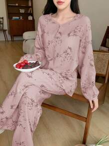 DAZY Women's Plant Print Long Sleeve Pajamas Set