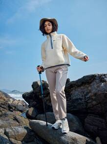 In My Nature Women's Half-Zip Outdoor Fleece Jacket With Pockets - Beige - View 5