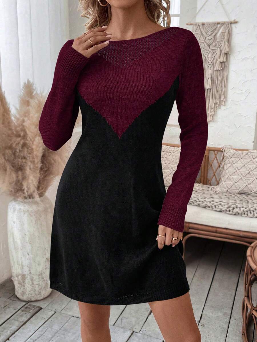 SHEIN Essnce Của phụ nữ Khối màu Vòng cổ Thon gọn Đầm Áo len - Màu Đỏ Sâu - Xem 1