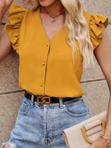 SHEIN Clasi Women's V-Neck Striped Shirt With Flutter Sleeves Shirts Summer Women Shirts - Yellow - View 6