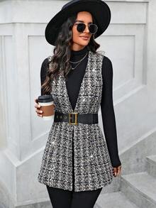 SHEIN Privé Women'S Plaid Sleeveless Jacket - Brown - View 6