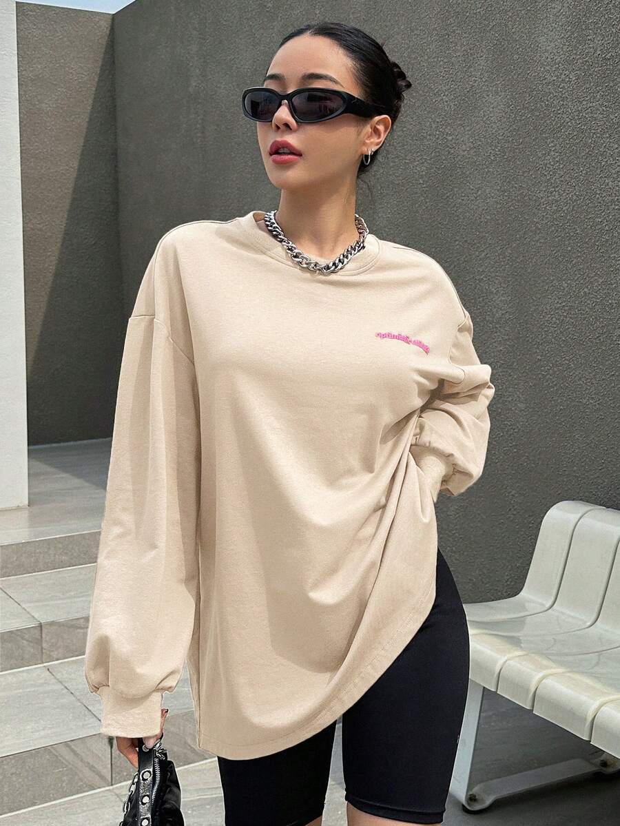 DAZY Women's Dropped Shoulder Long Sleeve TShirt With Slogan Print