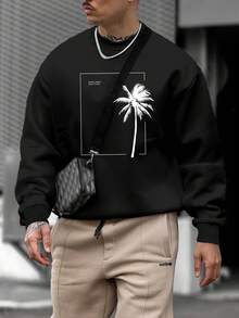男士休閒椰樹印花圓領運動衫 - 黑色 - 查看 3