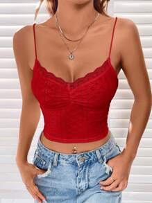 SHEIN EZwear Ren Cắt tỉa Dệt kim Áo ba lỗ Với Lỗ gắn thêu - Đỏ - Xem 4