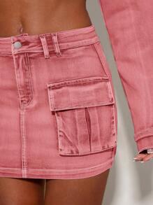 SHEIN BAE Flap Pocket Denim Mini Skirt - Pink - View 5