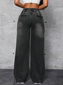 SHEIN Women's Distressed Drawstring Waist Denim Pants - Grey - View 3