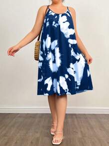 EMERY ROSE Plus Size Tie Dye Spaghetti Dress, Summer - Blue - View 4