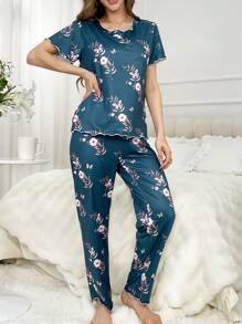 花卉印花短袖t恤長褲睡衣套裝 - 霧霾藍 - 查看 5