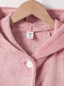 SHEIN Tween Girls' Knitted Solid Color Hooded Loose Fit Long Bathrobe With Double Patch Pockets For Home Wear - Pink - View 6