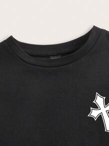 SHEIN EZwear Áo thun nữ cổ tròn tay ngắn họa tiết in chữ thập, dáng ôm vừa vặn, thích hợp cho mùa hè - màu đen - Xem 5