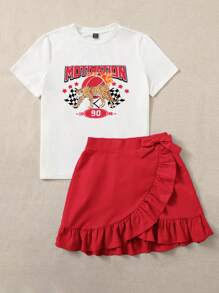 SHEIN EZwear 女士豹紋及字母印花t恤和裙子套裝 - 紅色 - 查看 5