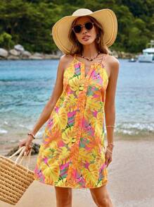 SHEIN VCAY Floral Tropical Plant Print Spaghetti Strap Summer Women Beach Dress