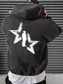 Men Star Print Drop Shoulder Thermal Lined Hoodie - Dark Grey - View 1