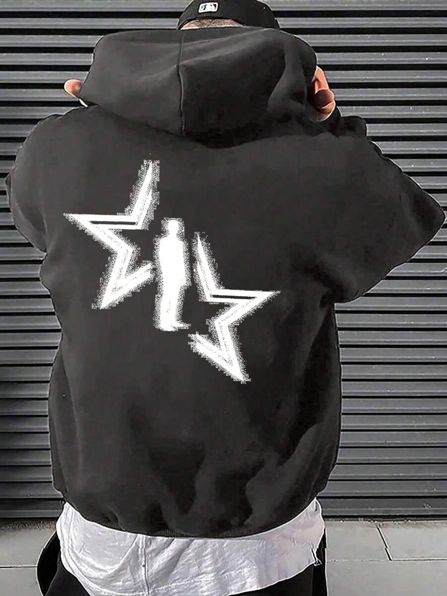 Men Star Print Drop Shoulder Thermal Lined Hoodie - Dark Grey - View 1