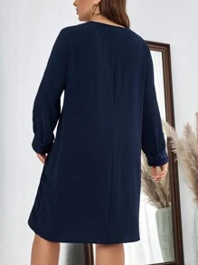 EMERY ROSE 大尺碼女款 V 領長袖直筒連身裙 - 寶藍色 - 查看 2