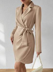 SHEIN Privé 女款純色翻領裹身連身裙 - 卡其色 - 查看 6