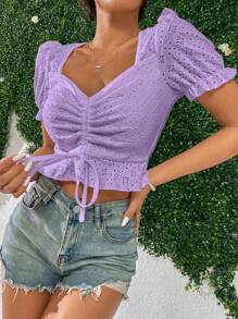 Breezaya Cổ Trái tim Ngắn tay Dây đeo thêu Quần skinny Áo thun - Màu tím - Xem 3