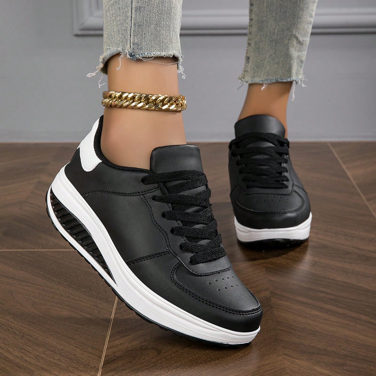 Zapatillas deportivas para mujer con suela gruesa, diseño con cordones y tacón de cuña, transpirables y cómodas para otoño/invierno