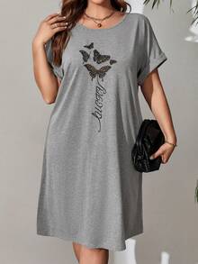 EMERY ROSE Kích thước lớn Của phụ nữ In bướm Giải trí Màu xám Đồ họa Đầm Cho mùa xuân - Xám - Xem 5
