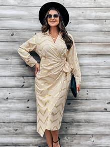 EMERY ROSE Plus Size Women'S Wrap Dress With Gold Foil Printed Floral Pattern - Apricot - View 6