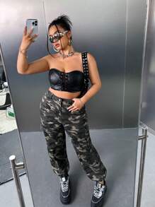 SHEIN ICON 大碼y2k迷彩高腰運動褲,帶貨櫃口袋 - 軍綠色 - 查看 3