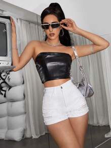 SHEIN PETITE Ladies' Solid Tone Ripped Denim Shorts With Slanted Pocket Design - White - View 6