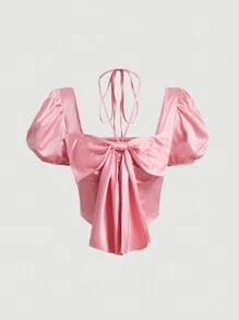 SHEIN MOD 女款純色泡泡袖正面繫帶襯衫 - 香檳色 - 查看 1