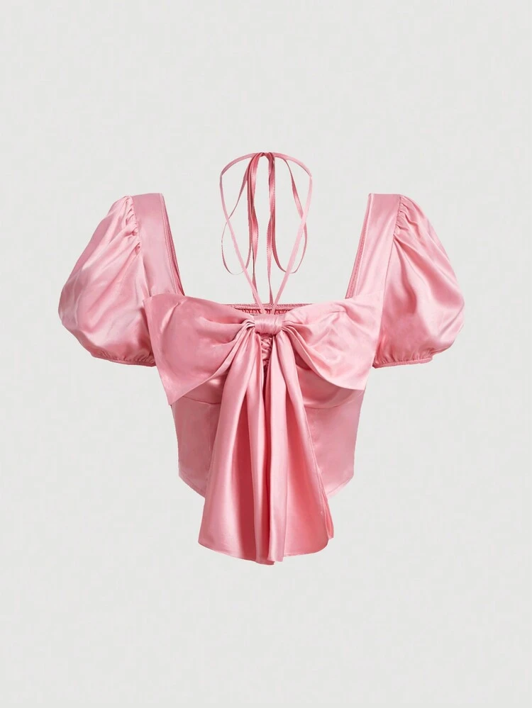Ladies' Solid Color Puff Sleeve Tie Front Shirt