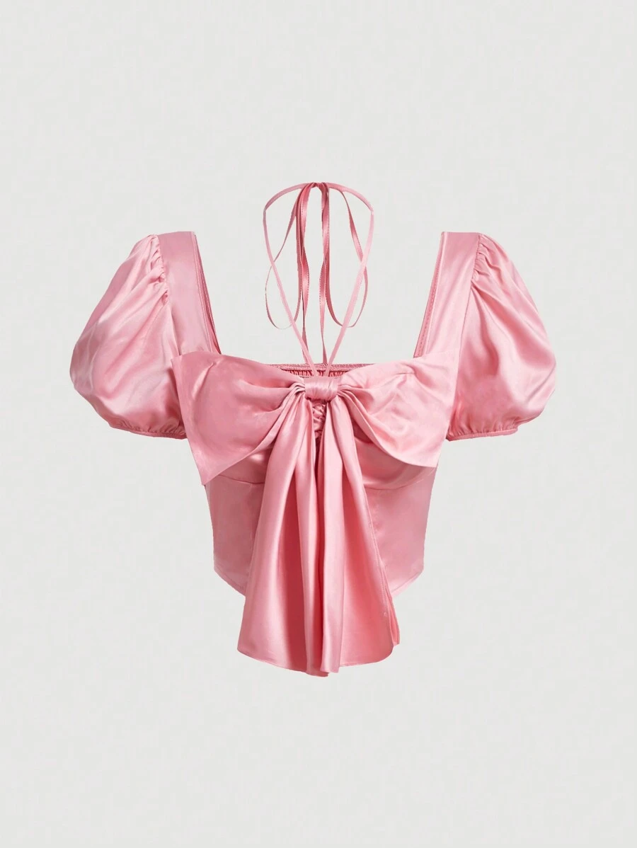 SHEIN MOD 女款純色泡泡袖正面繫帶襯衫 - 香檳色 - 查看 1