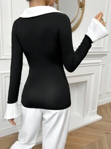 SHEIN Privé 女領撞色飾邊 T 卹 - 黑色 - 查看 2