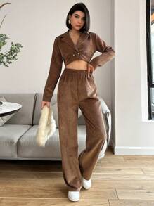 EURMUSE 2pcs/Set Lapel Collar Cropped Jacket & Stech Waist Pants - Coffee Brown - View 1