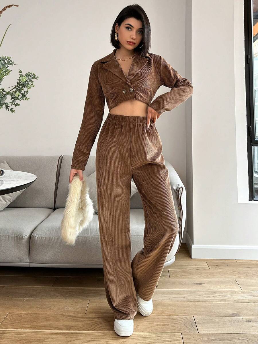 EURMUSE 2pcs/Set Lapel Collar Cropped Jacket & Stech Waist Pants - Coffee Brown - View 1