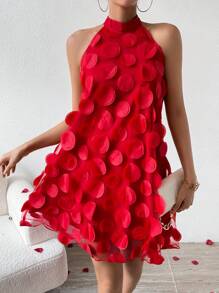 Calvaya Women's Three-Dimensional Flower Halter Neck Dress For New Year Clothes