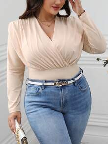 Calvaya 大尺碼女款短袖卷綁t恤,帶有拉皺細節 - 杏色 - 查看 6