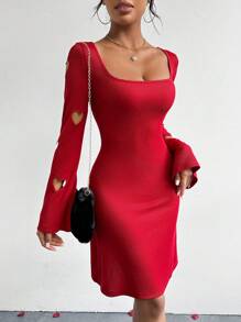 SHEIN Essnce Casual Women Heart Hollow Out Flare Sleeve Dress For Valentine's Day