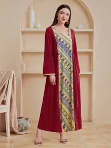 Al Najma Women's Embroidered Patchwork Square Neck Dress Kaftan Jalabiya Dress - Red - View 1