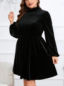 SHEIN Privé Kích thước lớn Cổ cao Tay áo lồng đèn Đầm - màu đen - Xem 5